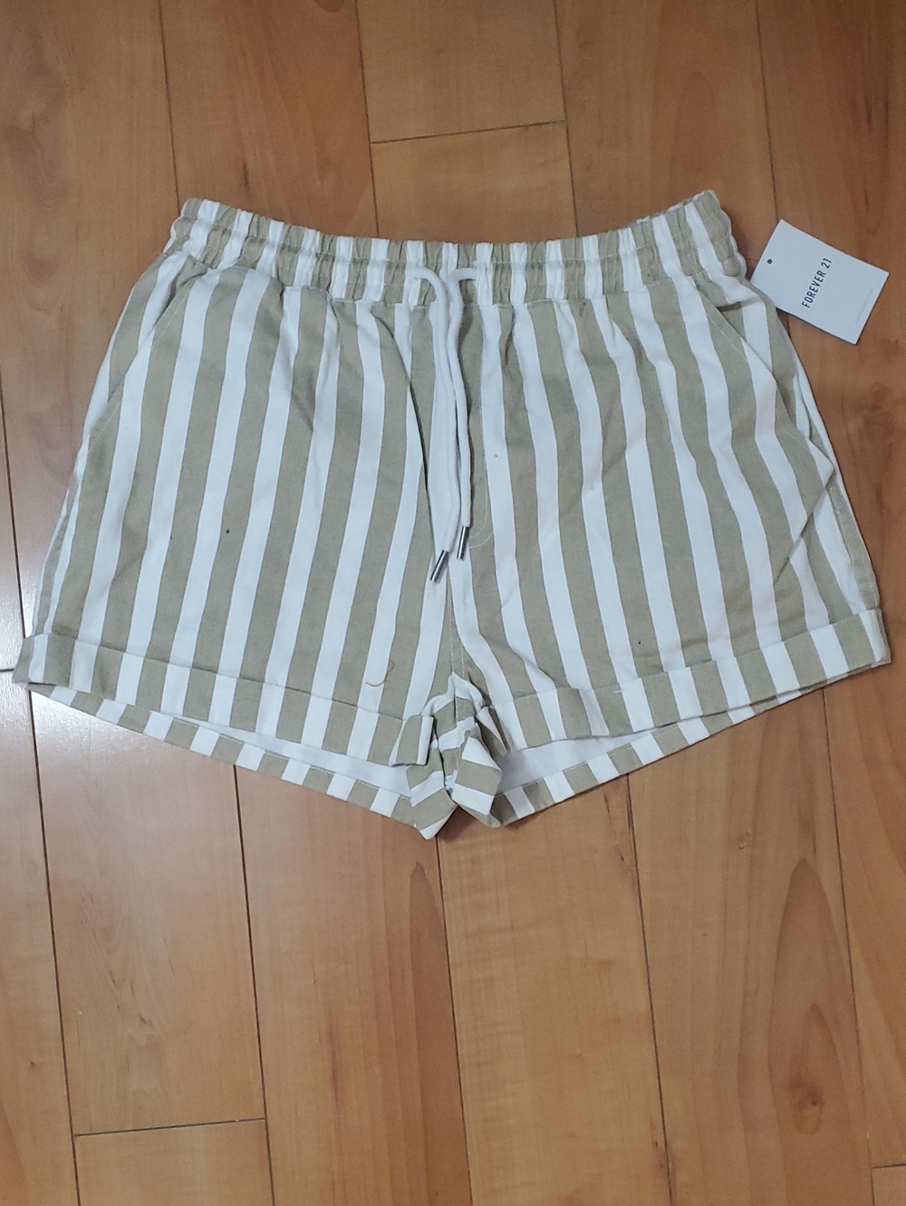 Forever 21 Beige & White Striped Drawstring Athletic Shorts